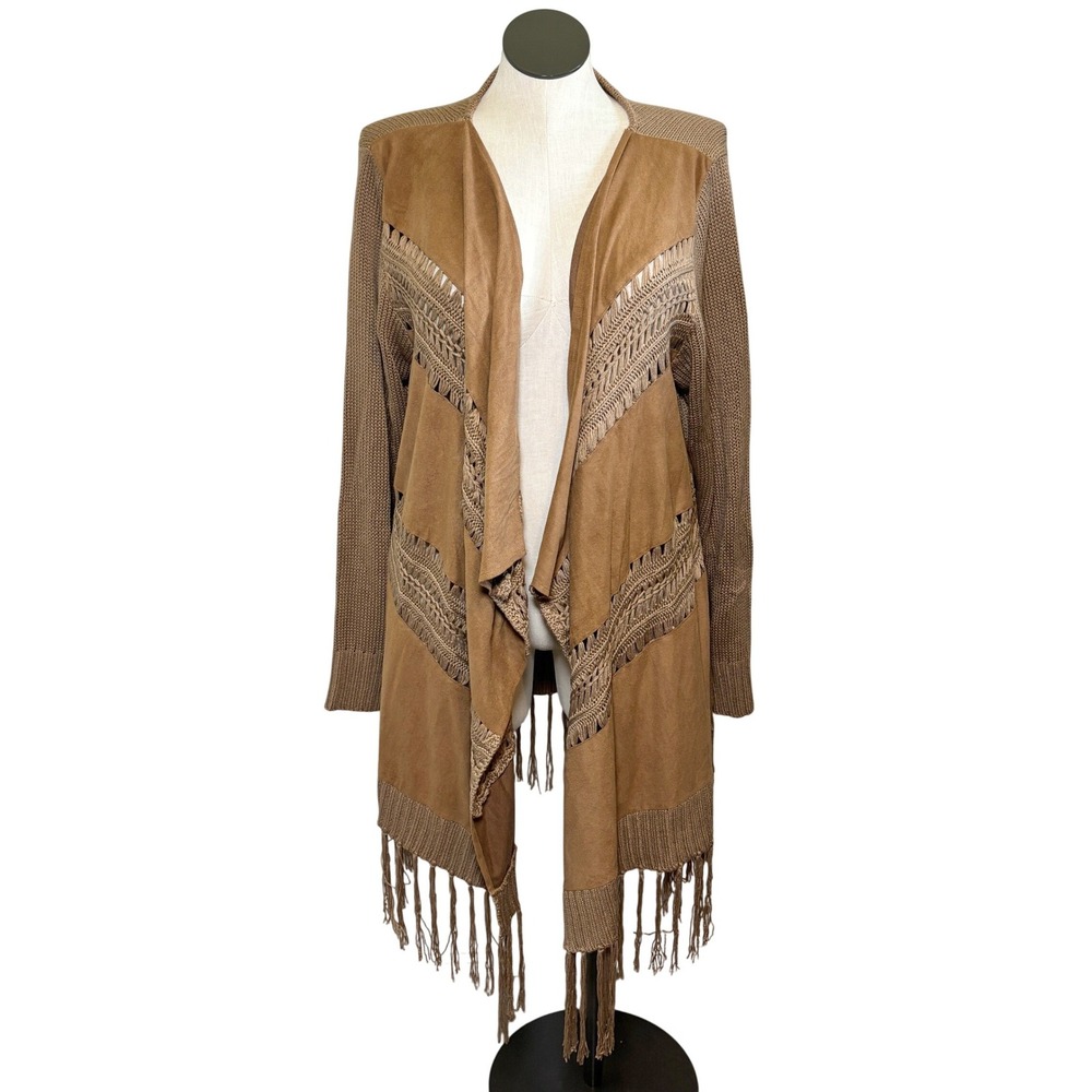 Venus Women Faux Suede Fringe Cardigan Boho Western Brown Oversized Medium‎